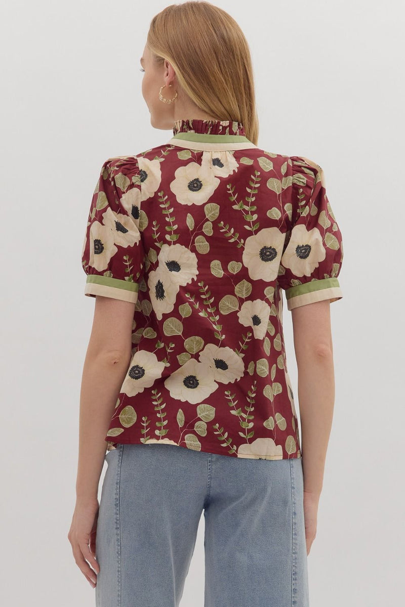 Poppy Floral Print Frill Neck Puff Sleeve Top Wine