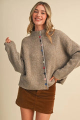 Colored Buttons Two Tone Mock Neck Cardi Natural Grey