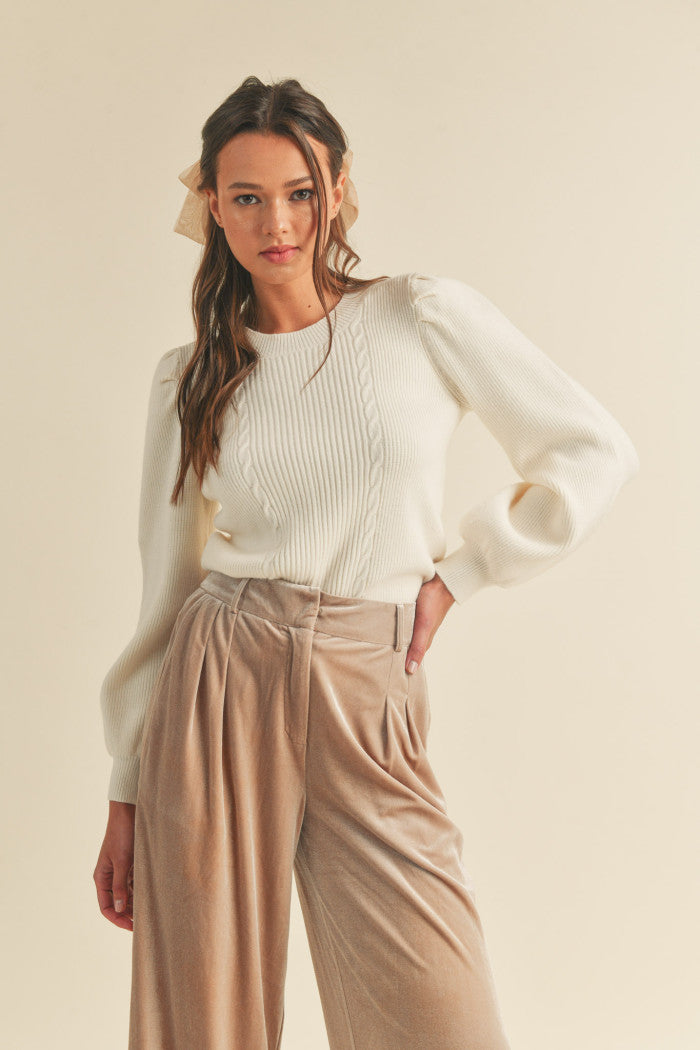 Ribbed Texture Puff Sleeve Sweater Ivory