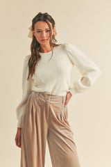 Ribbed Texture Puff Sleeve Sweater Ivory