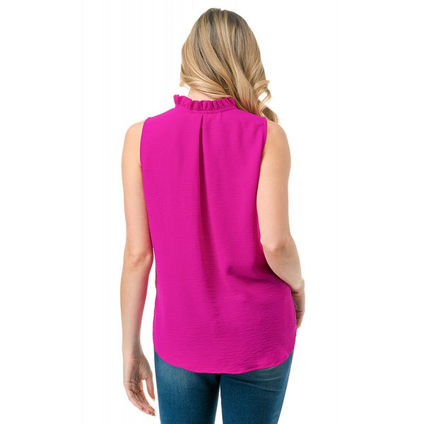 Crinkle Split Tie Neck Sleeveless Top Hot Pink