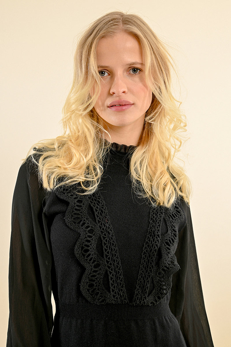 Ruffle Mock Neck Embroidered Front Dress Black