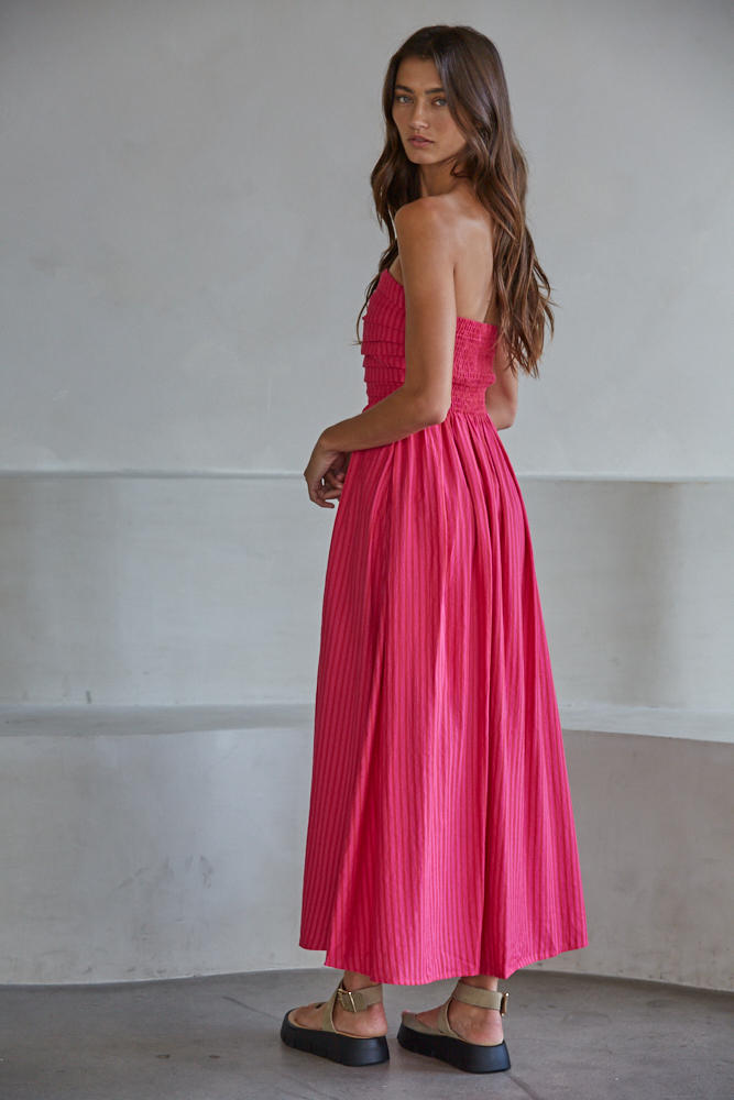 Striped Strapless Smocked Back Maxi Dress Pink