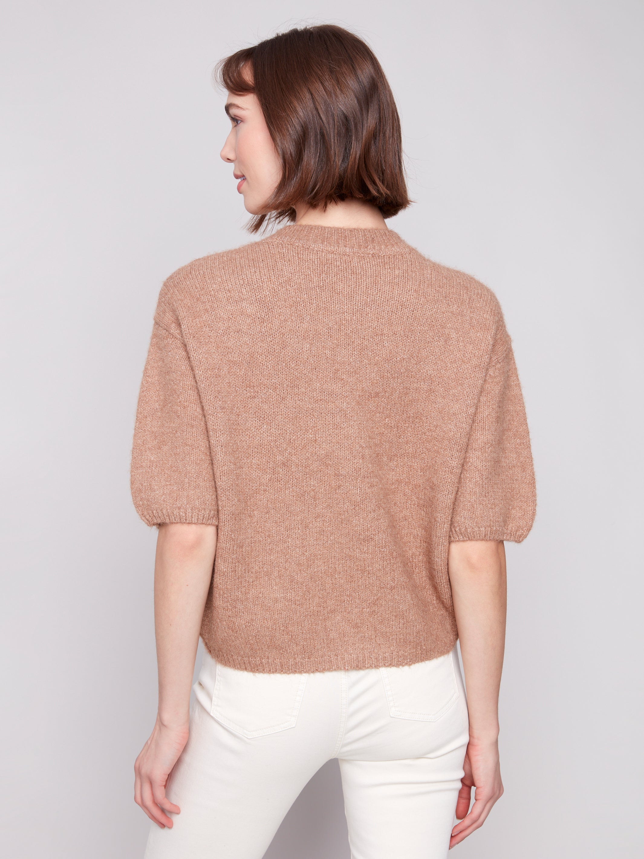 Solid Elbow Sleeve Balloon Shape Sweater Sesame