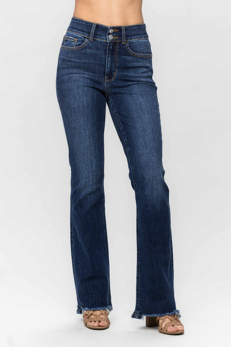 Double Button High Waist Vintage Frayed Hem Bootcut Jeans Dark