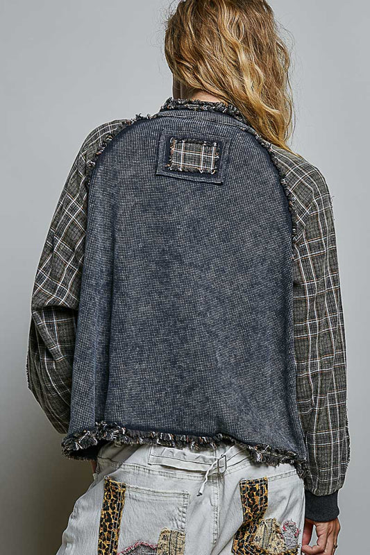 Thermal Plaid Sleeve Frayed Seams Jacket Charcoal