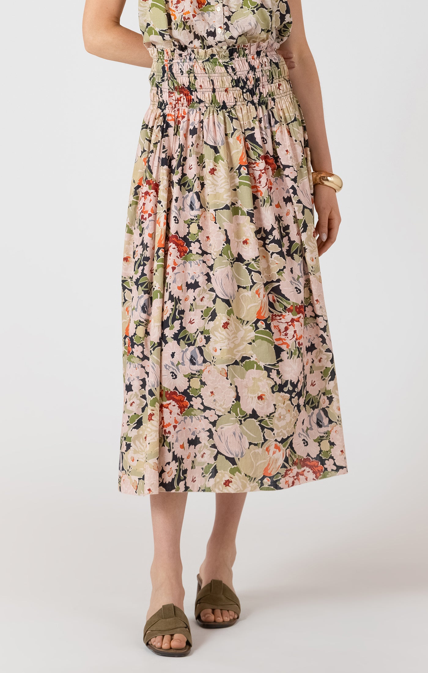 Smocked Waist Printed Midi Skirt Vintage Rose