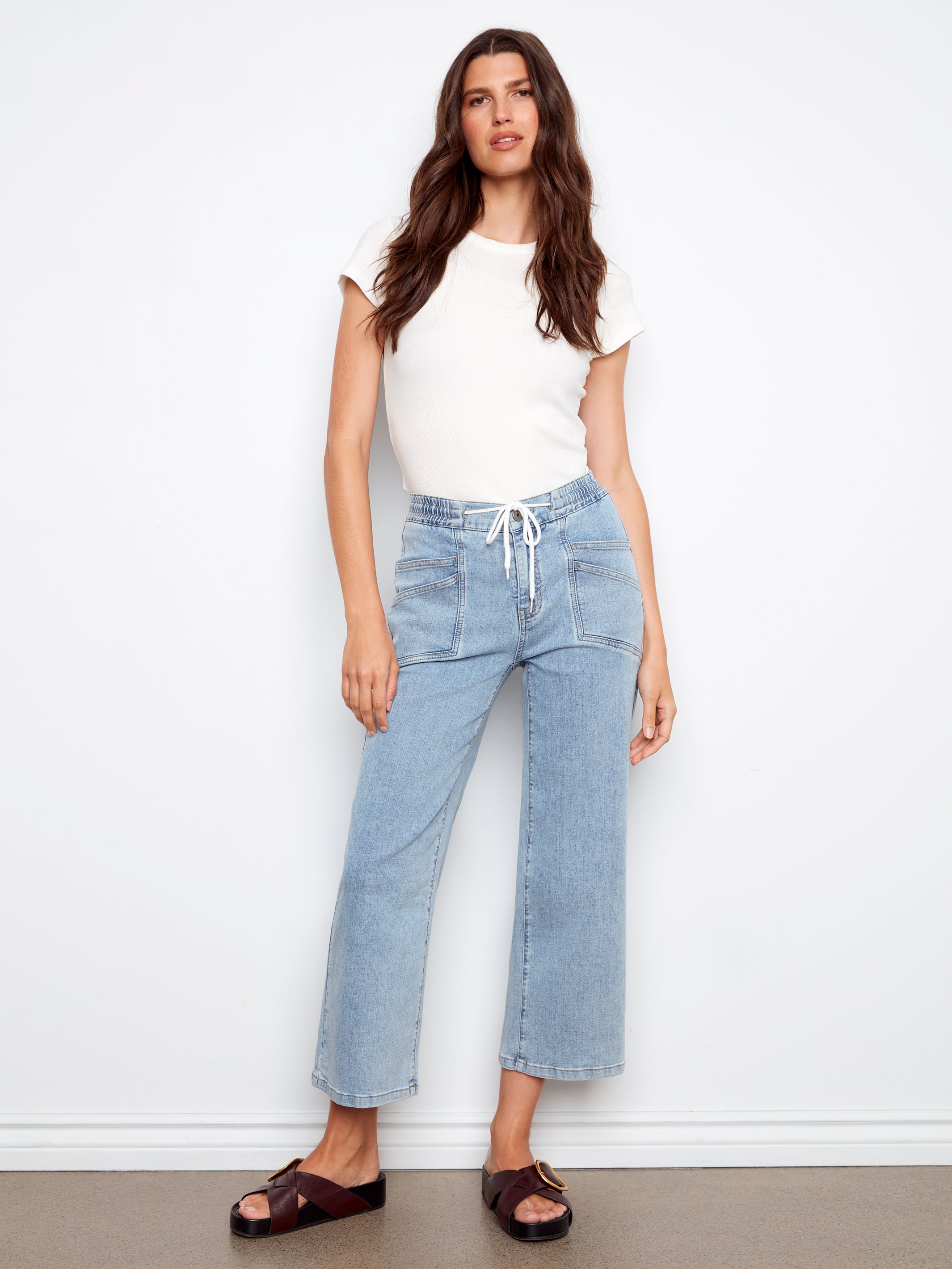 Patch Pocket Drawstring Wide Leg Denim Pants Soft Blue