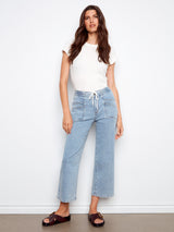 Patch Pocket Drawstring Wide Leg Denim Pants Soft Blue