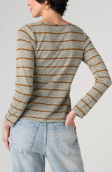 Twist Detail Boat Neck Knit Top Heather Grey Yellow Stripe