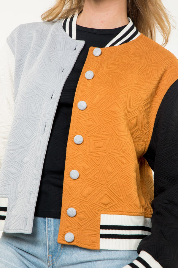 Colorblock Button Up University Jacket Mustard