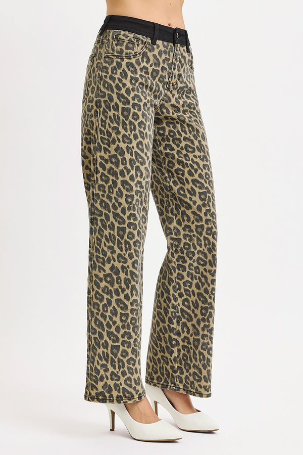 Black Banded Leopard Denim Wide Leg Pants Coffee