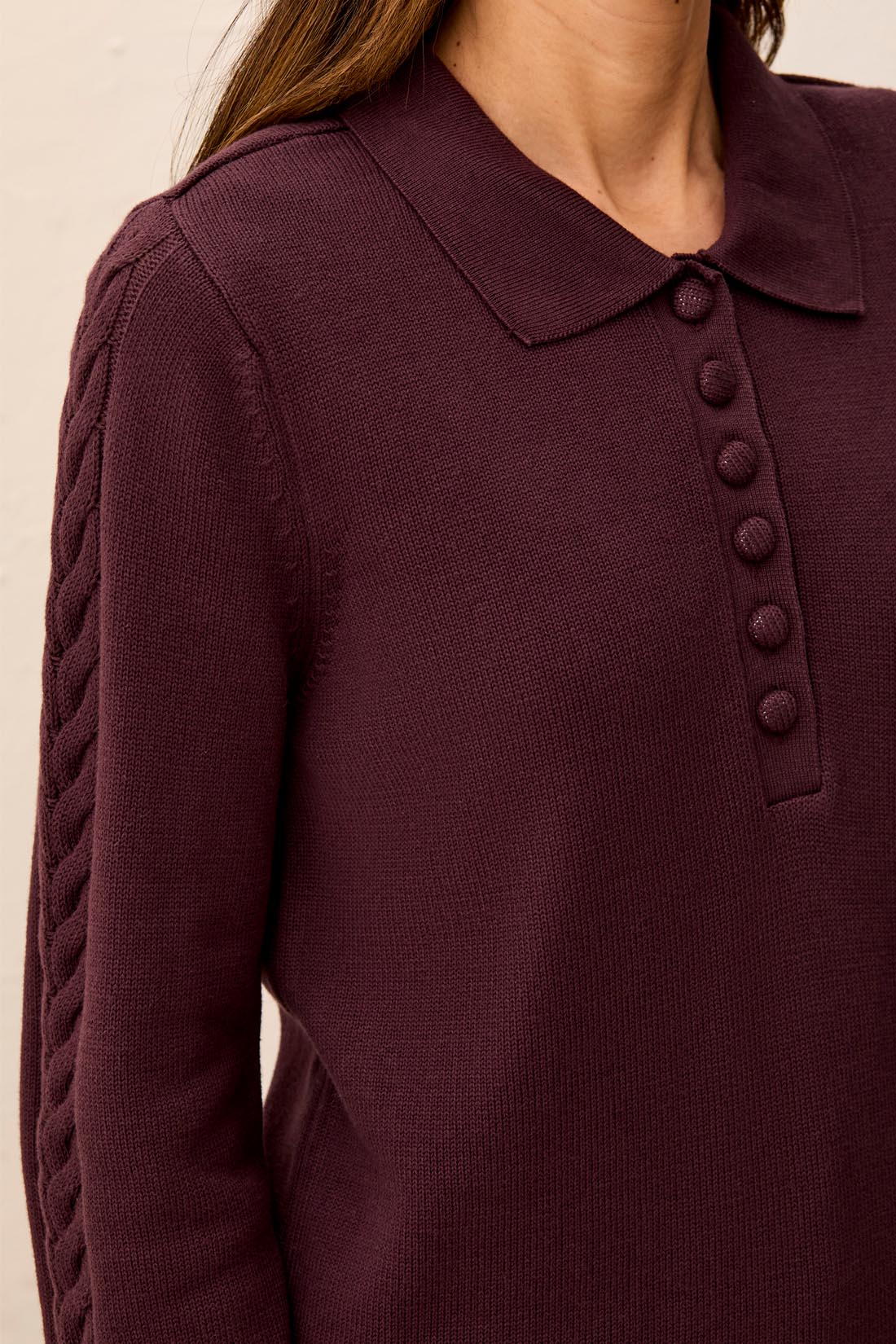 Cable Sleeve Detail Polo Sweater Fudge