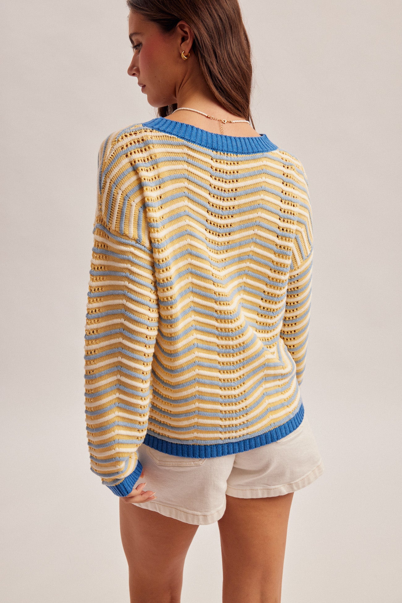Round Neck Long Sleeve Pointelle Sweater Blue + Yellow