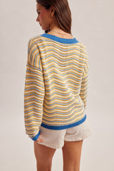 Round Neck Long Sleeve Pointelle Sweater Blue + Yellow