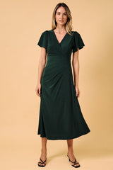 Surplice Flutter Asymmetric Pleats Midi Dress Forest Green