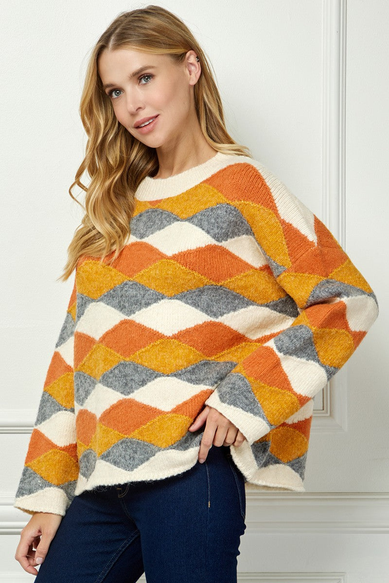 Wavy Diamonds Turtleneck Sweater Rust
