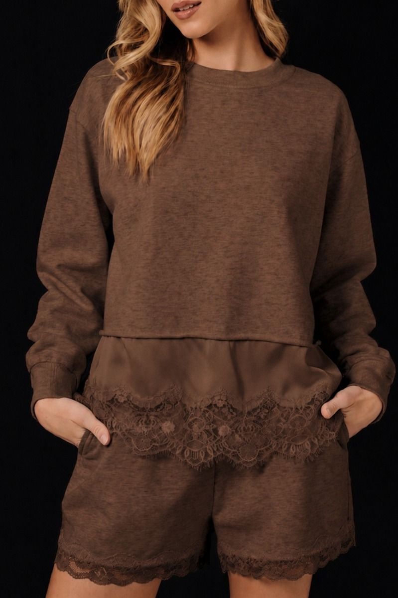 Round Neck Lace Trim Hem Sweatshirt Brown