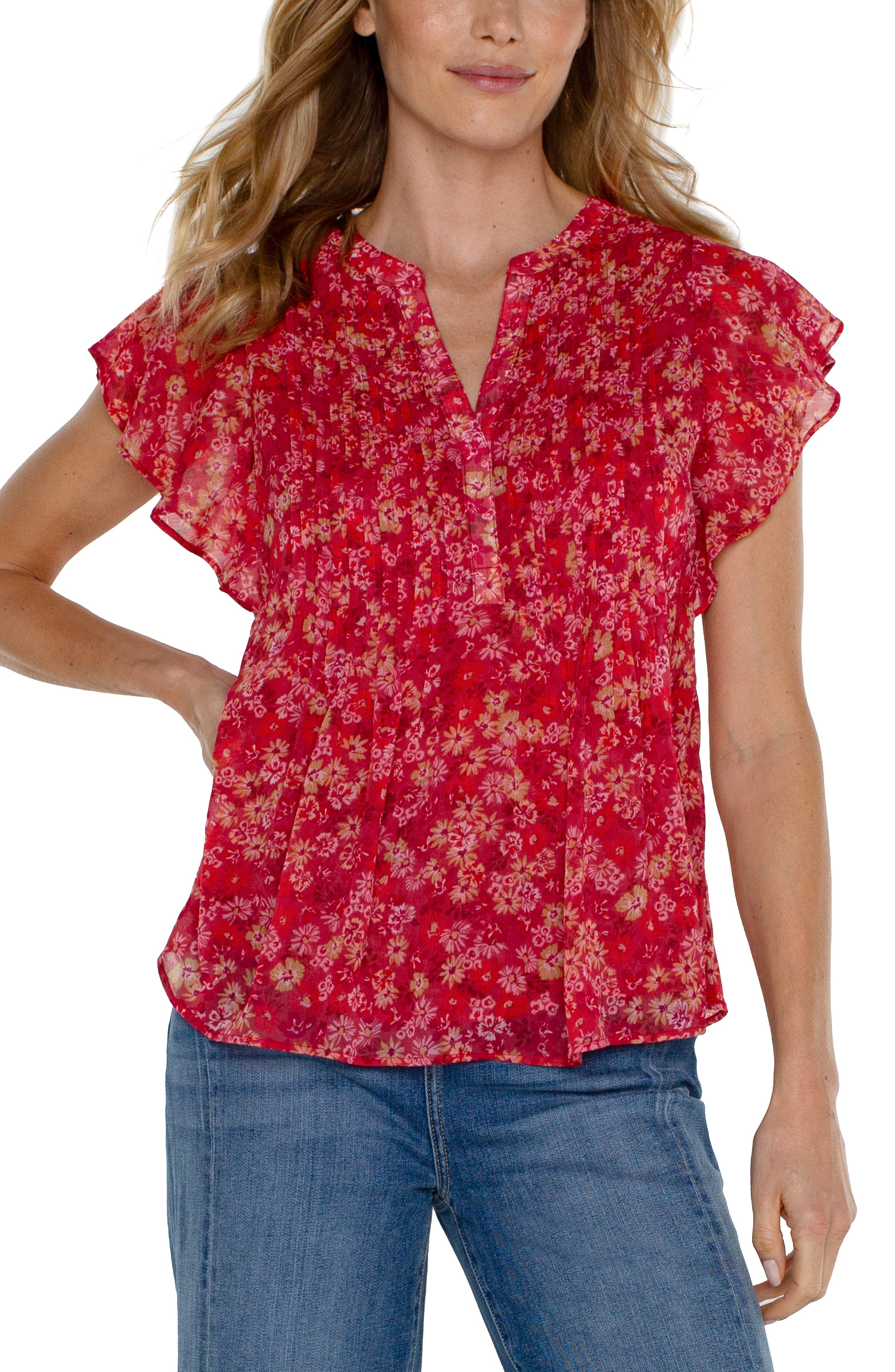 Double Layer Flutter Sleeve Pintuck Blouse Berry Blossom Floral