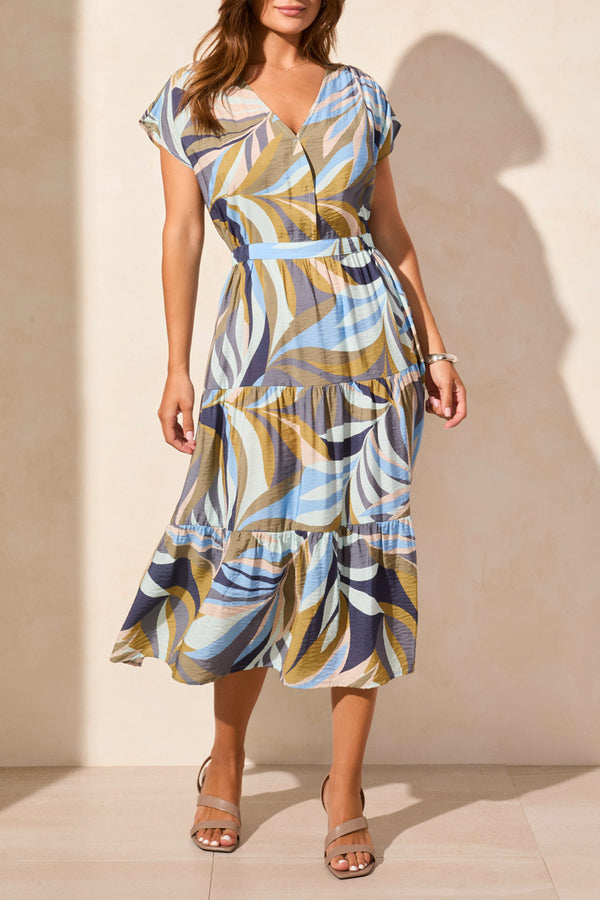 Printed Vneck Tiered Midi Dress Loden
