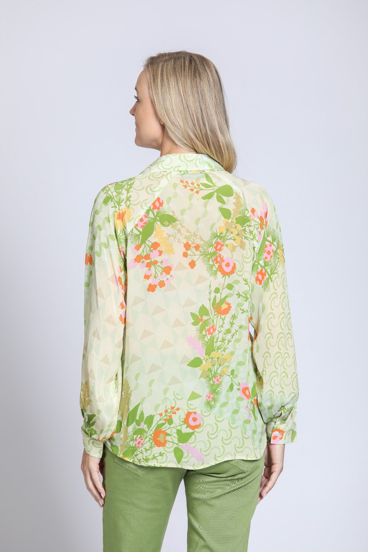 Collared Vneck Printed Blouse Light Green Multi