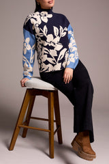 Funnel Neck Floral Print Sweater Sapphire