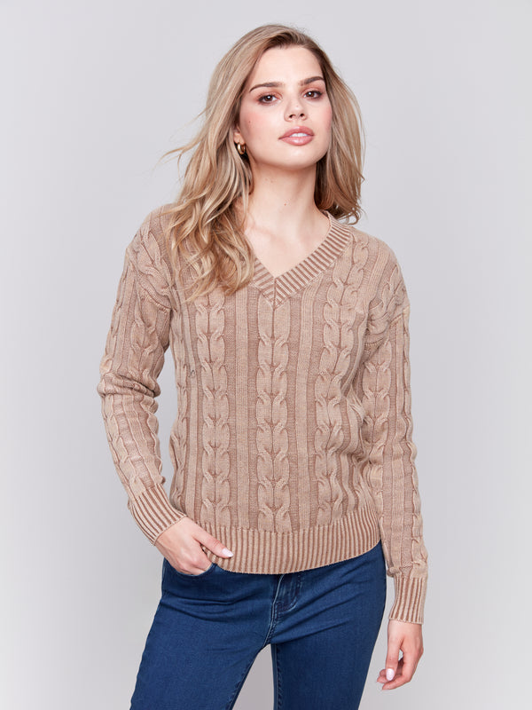 Cold Dye Cable Knit Vneck Sweater Truffle