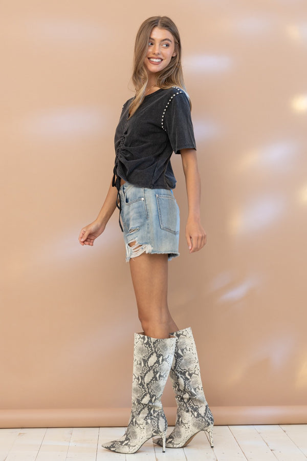 Ruched Tie Front Keyhole Studded Tee