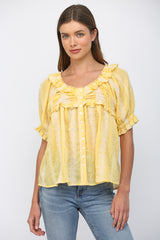 Lace Embroidered Detail Ruffle Sleeve Blouse Yellow