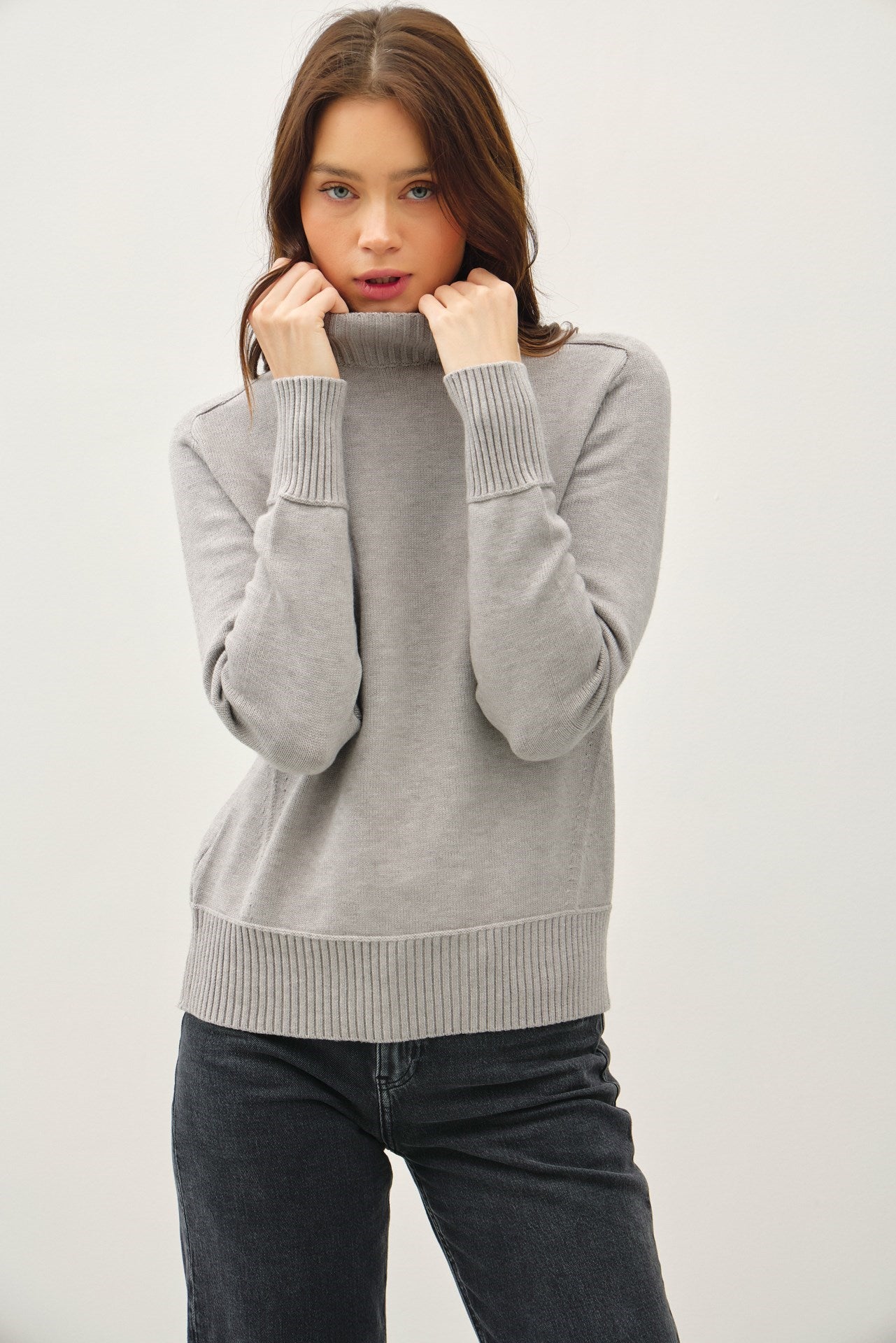 Classic Cut Ribbed Mock Neck Sweater Heather Smoke