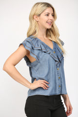 V Neck Ruffle Overlay Trim Blouse Indigo