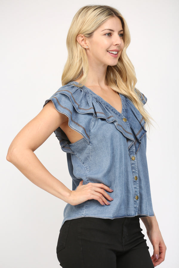 V Neck Ruffle Overlay Trim Blouse
