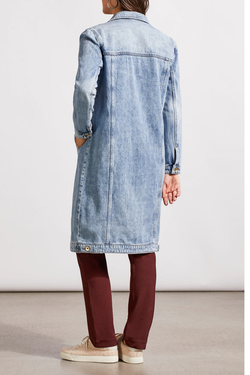 Long Denim Duster Chest Pocket Jacket Washed Blue