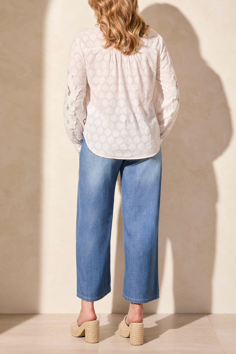 Lace Applique Long Sleeve Buttoned Blouse White