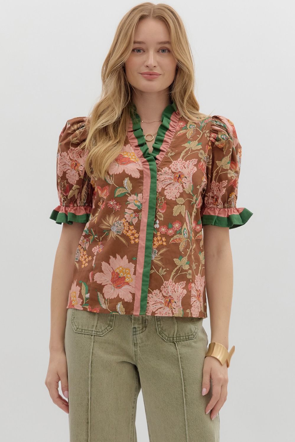 Floral Print Puff Sleeve Ruffle Accent Top Brown