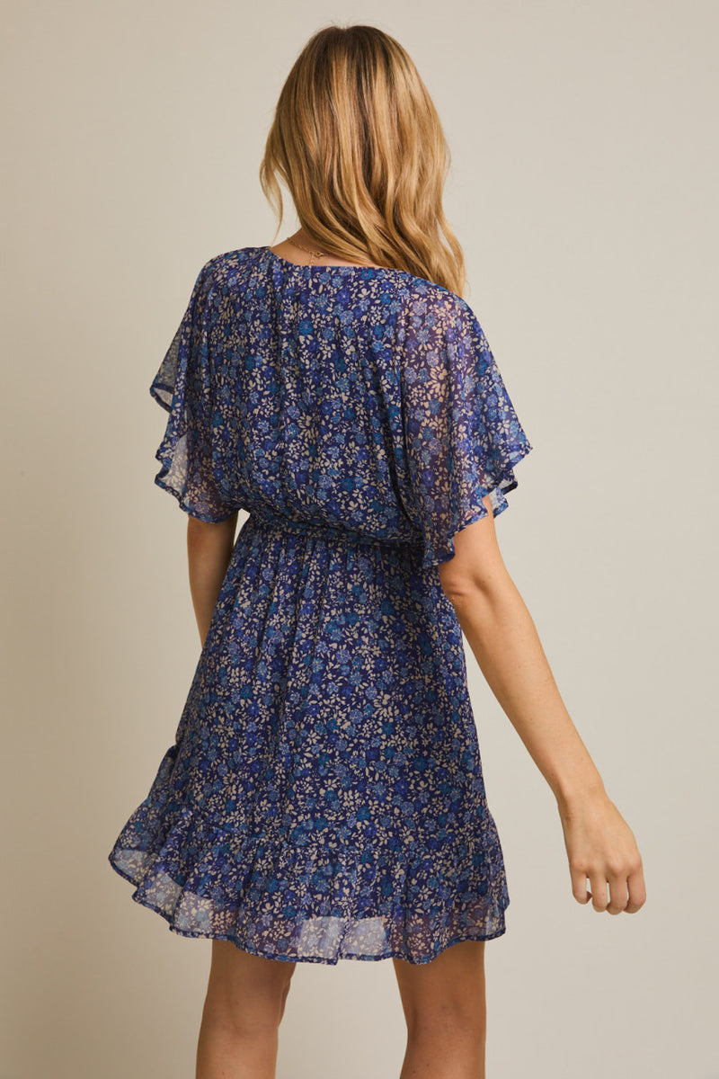 Vneck Ruffle Sleeve Tie Waist Floral Print Dress Navy + Taupe