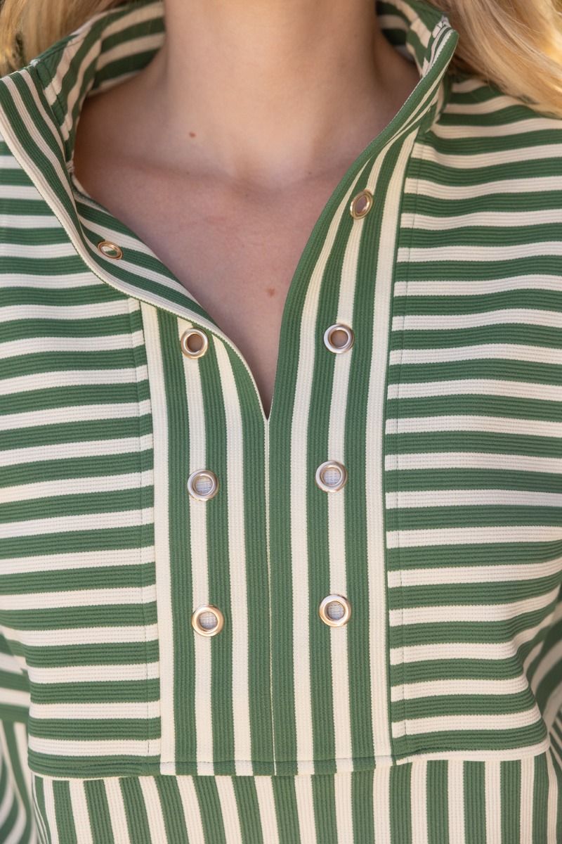 Mix Stripe Grommet Detail Pullover Olive