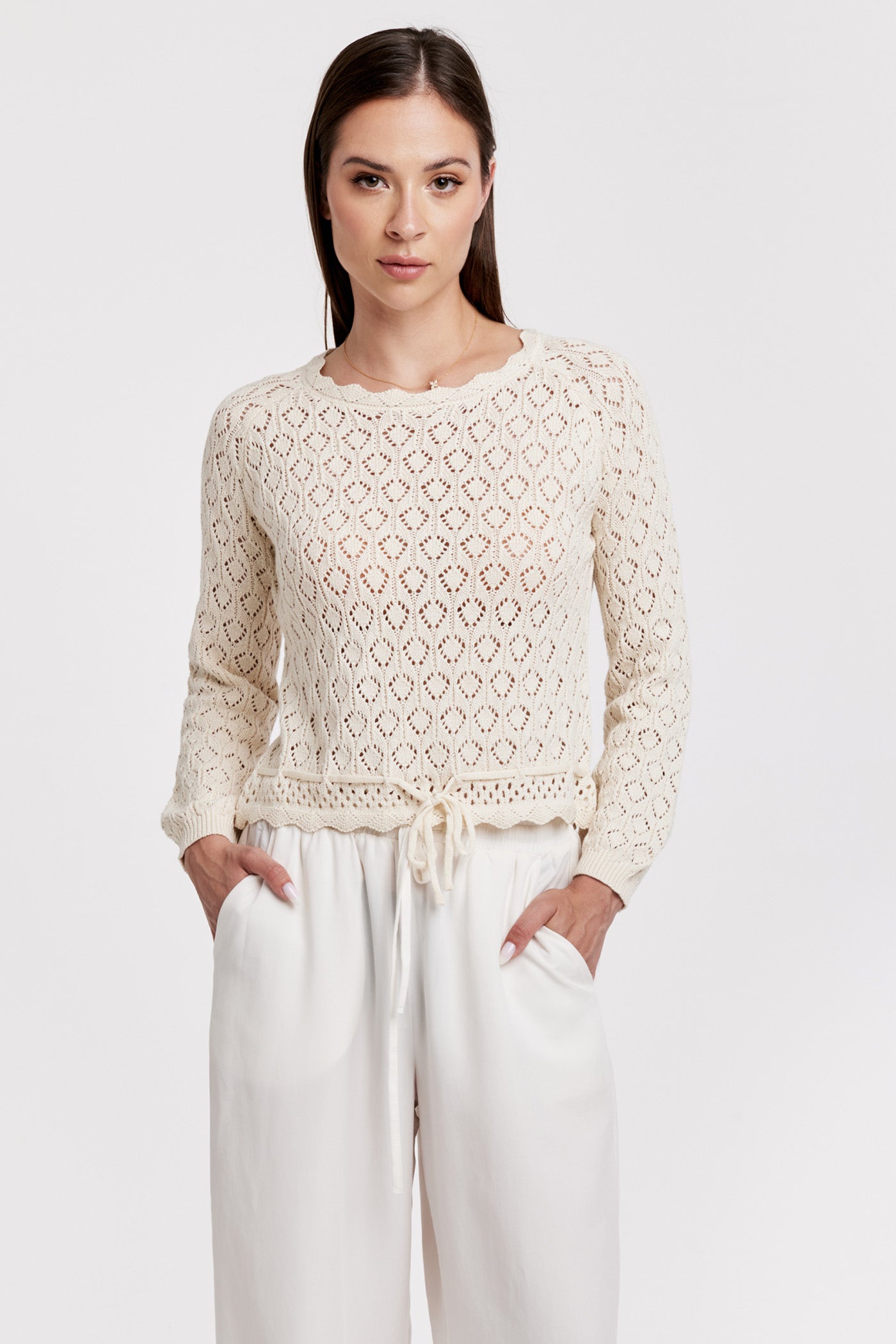 Moxie Tied Waist Crochet Sweater Vintage Cream