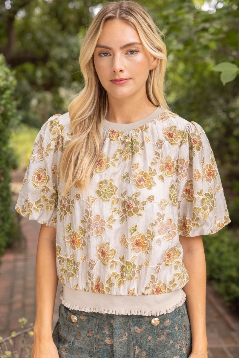 Ribbed Knit Band Floral Embroidered Top Taupe
