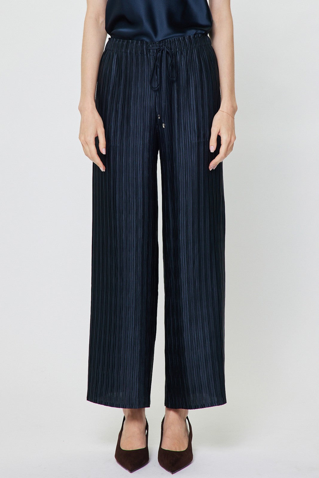 Crinkle Pleated Satin Pants Navy