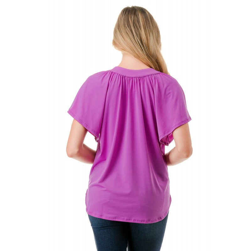 Flounce Sleeve Vneck Blouse Magenta