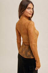 Mock Neck Lace Thumb Hole Sleeve Top Dijon Mustard