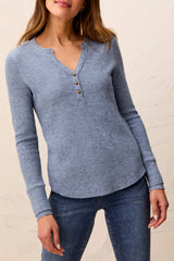 Button Detail Henley Long Sleeve Top Heather Denim