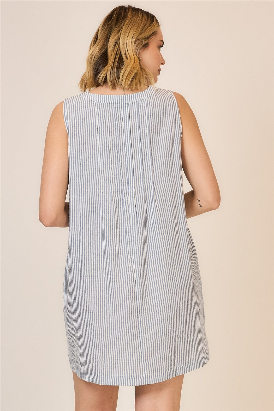 Tie Detail Vneck Stripe Sleeveless Dress Light Denim
