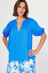 Puff Sleeve Vneck Blouse Azure Blue