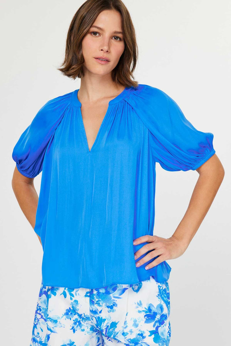 Puff Sleeve Vneck Blouse Azure Blue