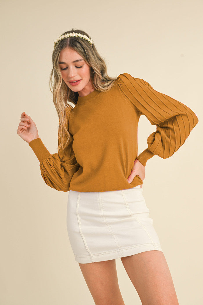 Stripe Texture Balloon Sleeve Pullover Dark Bronze