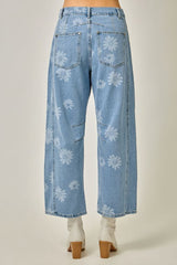 Daisy Printed Barrel Denim Pants Light Denim Blue
