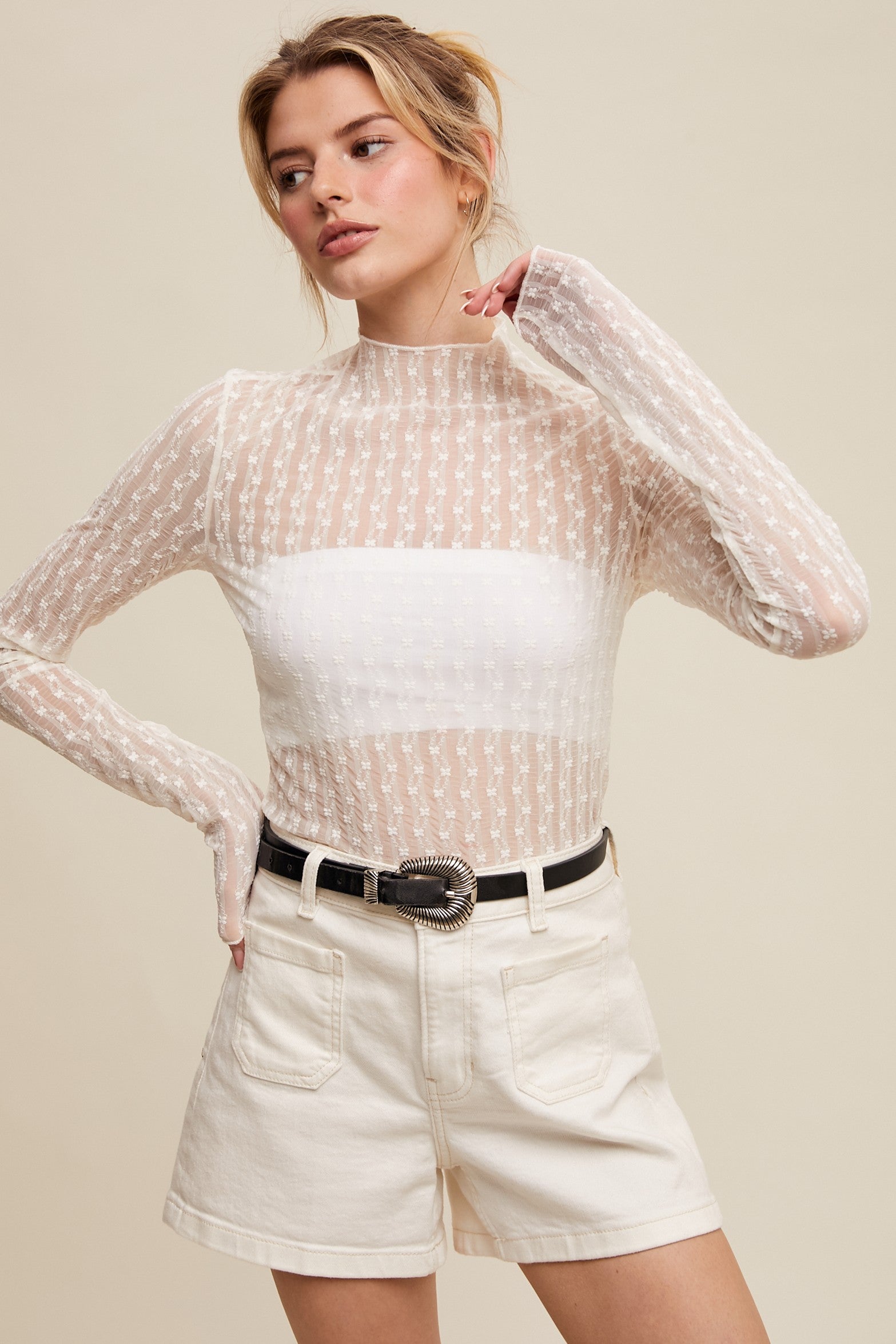 Sheer Textured Lace Long-Sleeve Top Ecru
