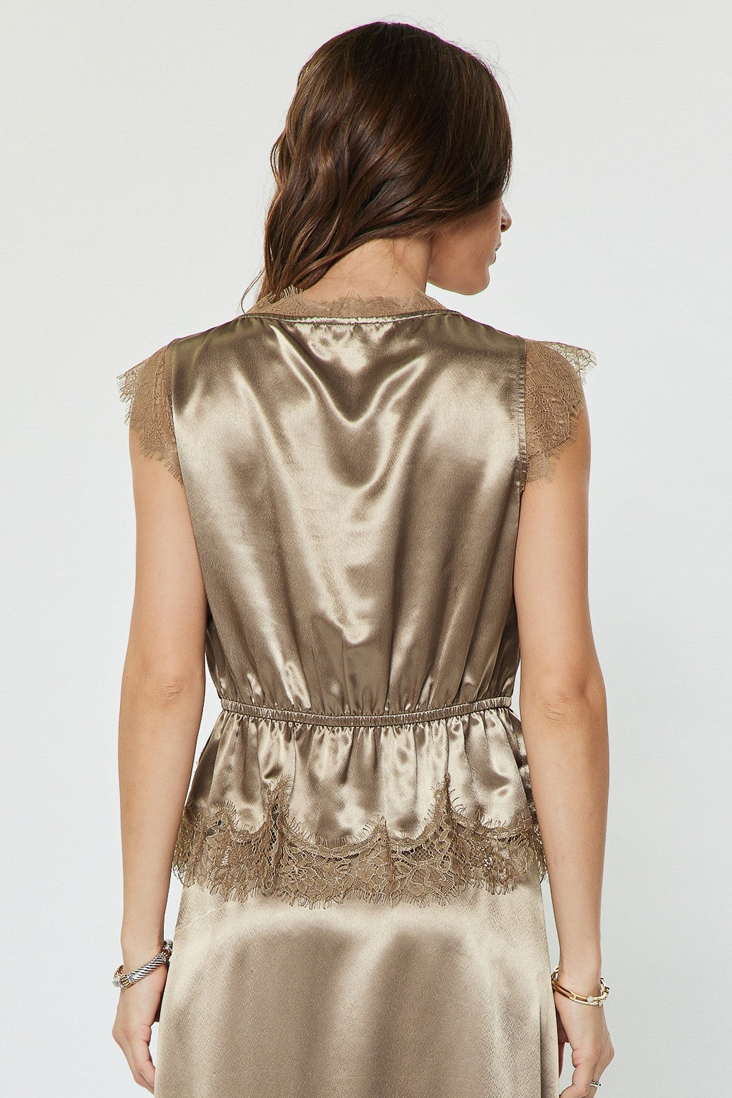 Metallic Satin Lace Trim Cap Sleeve Peplum Blouse Ash Brown